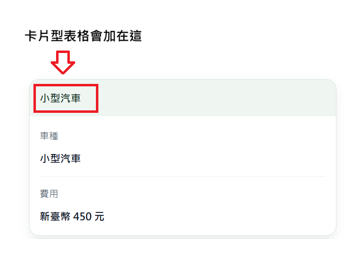 卡片型第一欄為列標題效果